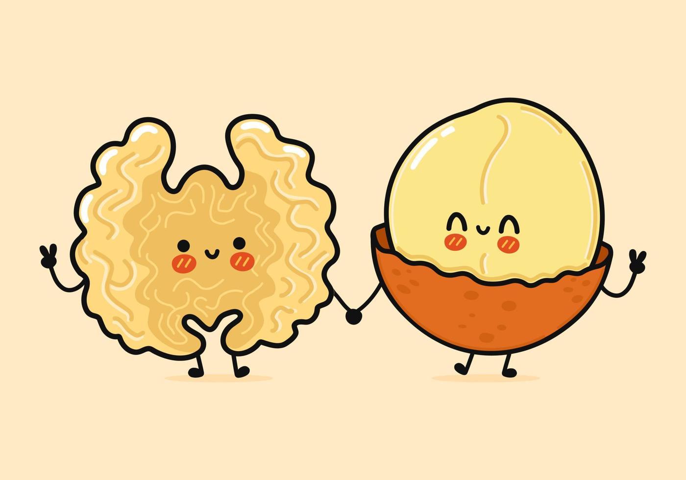 schattig, grappig vrolijk walnoot- en macadamia-karakter. vector hand getekend kawaii stripfiguren, illustratie pictogram. grappige cartoon walnoot en macadamia vrienden