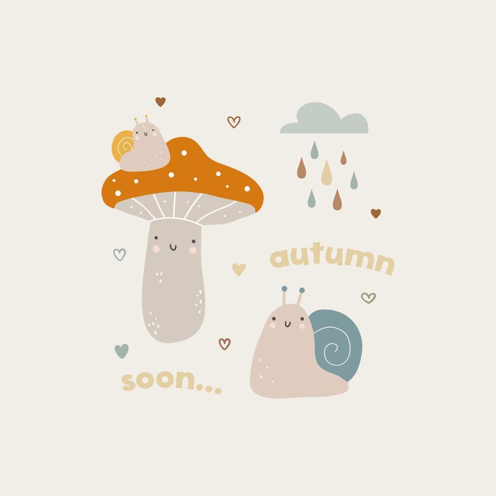 cartoon paddestoel en slakken karakter vectorillustratie. leuke cartoonprint met letters - binnenkort herfst. vector handgetekende kleur kinder illustratie, poster.