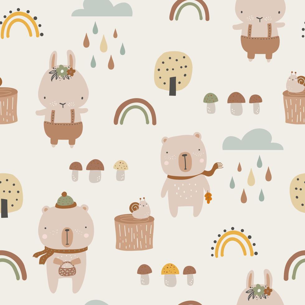 naadloos kinderachtig patroon met beer, konijntje en paddestoelen. creatieve kinderachtige stedelijke textuur voor stof, verpakking, textiel, behang, kleding. vectorillustratie. vector