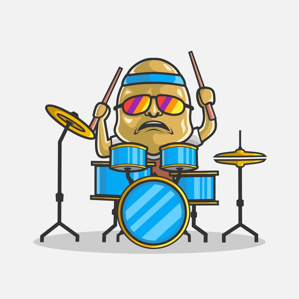 schattige drummer aardappel karakter illustratie. eenvoudig plantaardig vectorontwerp. geïsoleerd met zachte achtergrond. vector