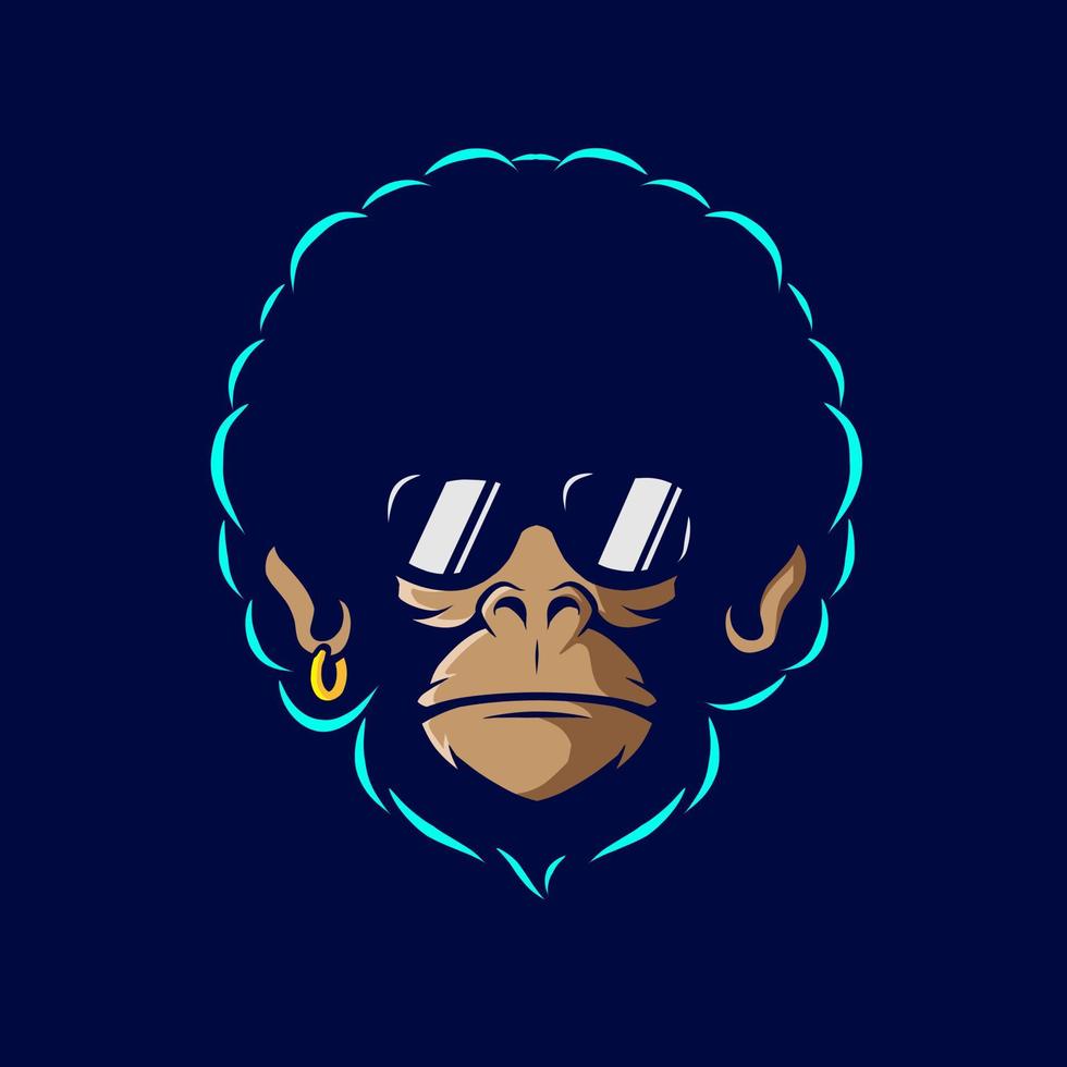 grappige funky aap logo vector. afro aap neon art design met donkere achtergrond. abstracte grafische illustratie. geïsoleerde zwarte achtergrond voor t-shirt, poster, kleding, merch, kleding, badgeontwerp vector