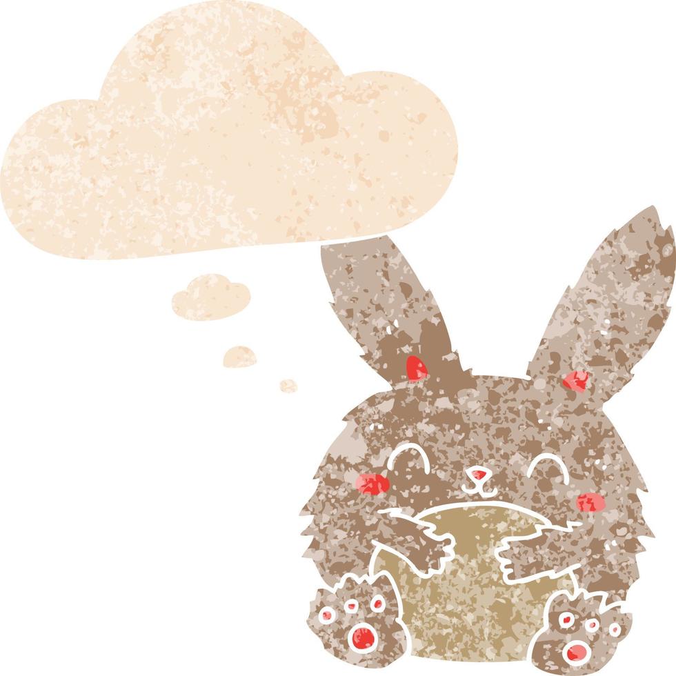 schattig cartoon konijn en gedachte bel in retro getextureerde stijl vector
