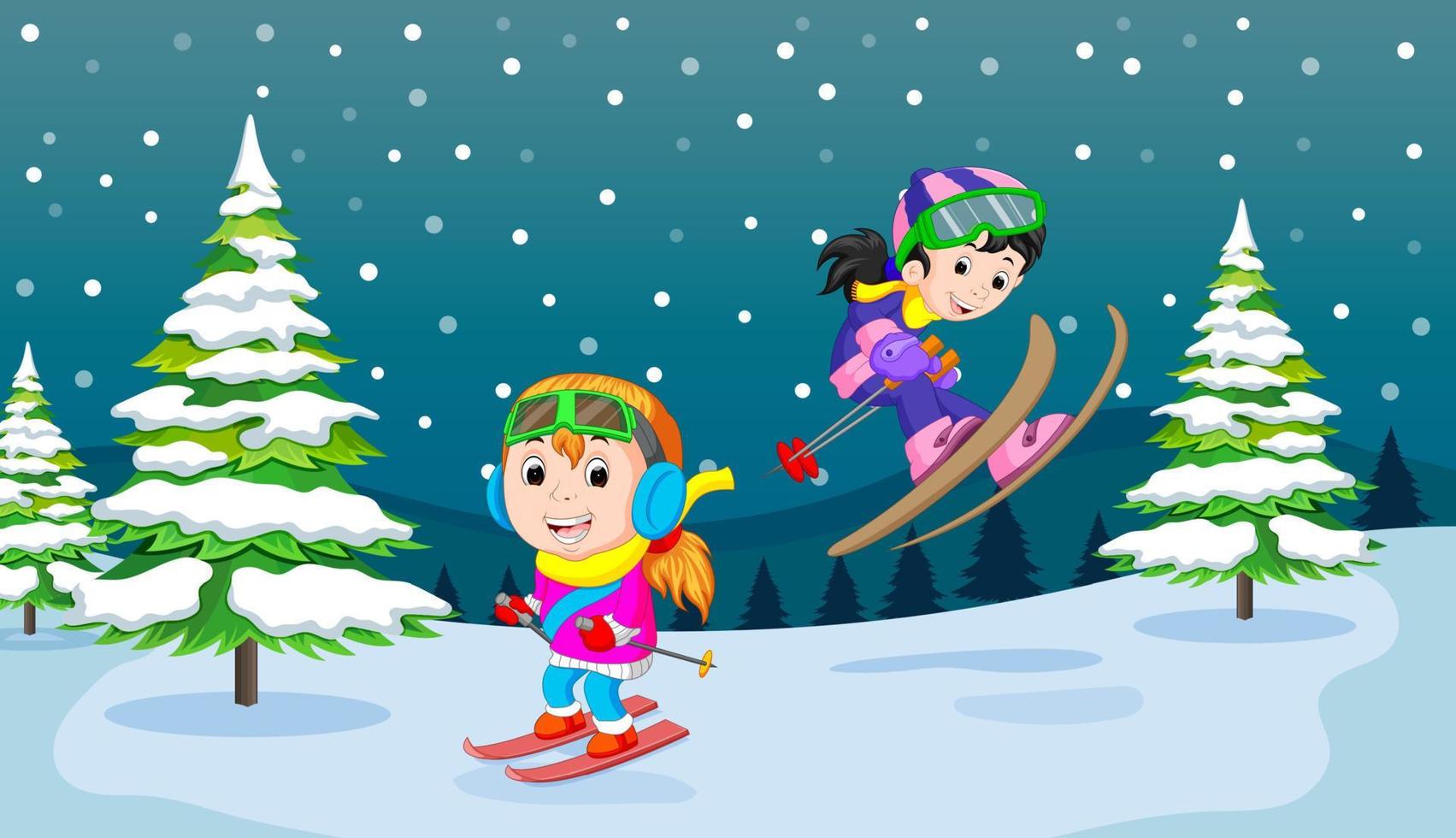 in de winter spelen kinderen heel vrolijk in de sneeuw vector