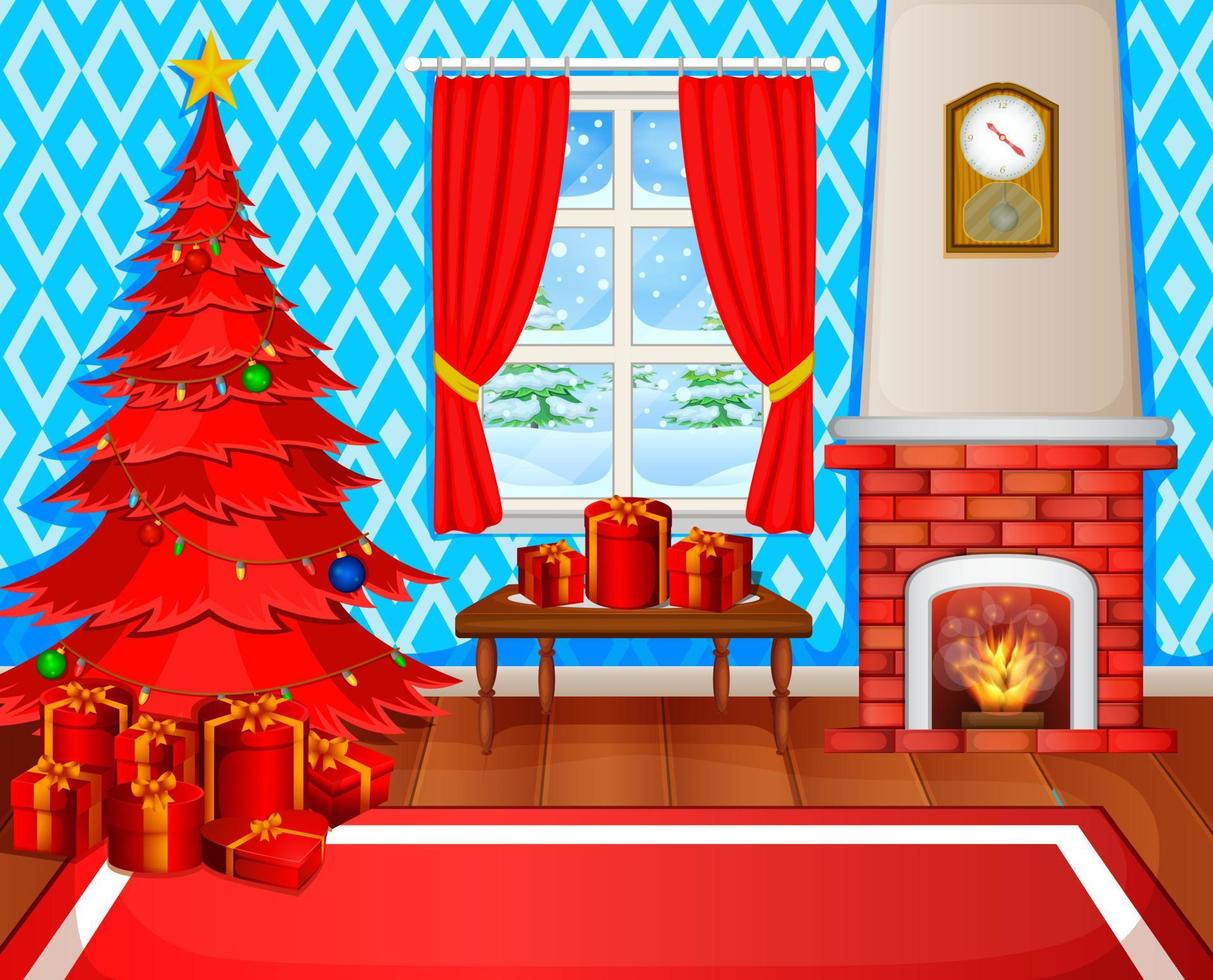 kersthaard met kerstboom, cadeautjes en fauteuil vector