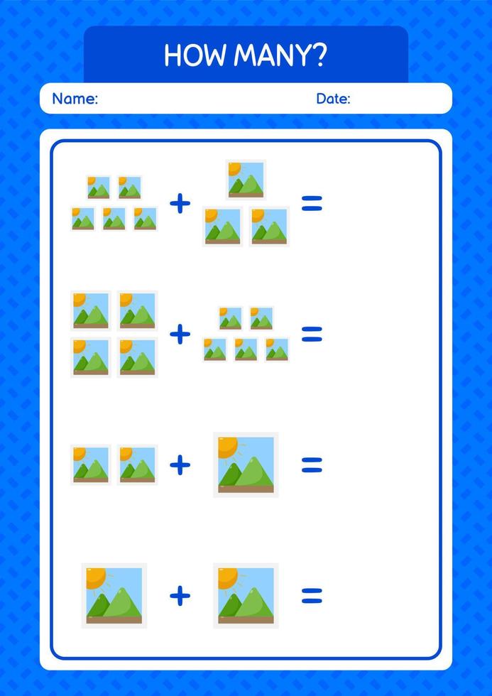 hoeveel tellen spel met foto. werkblad voor kleuters, activiteitenblad voor kinderen vector