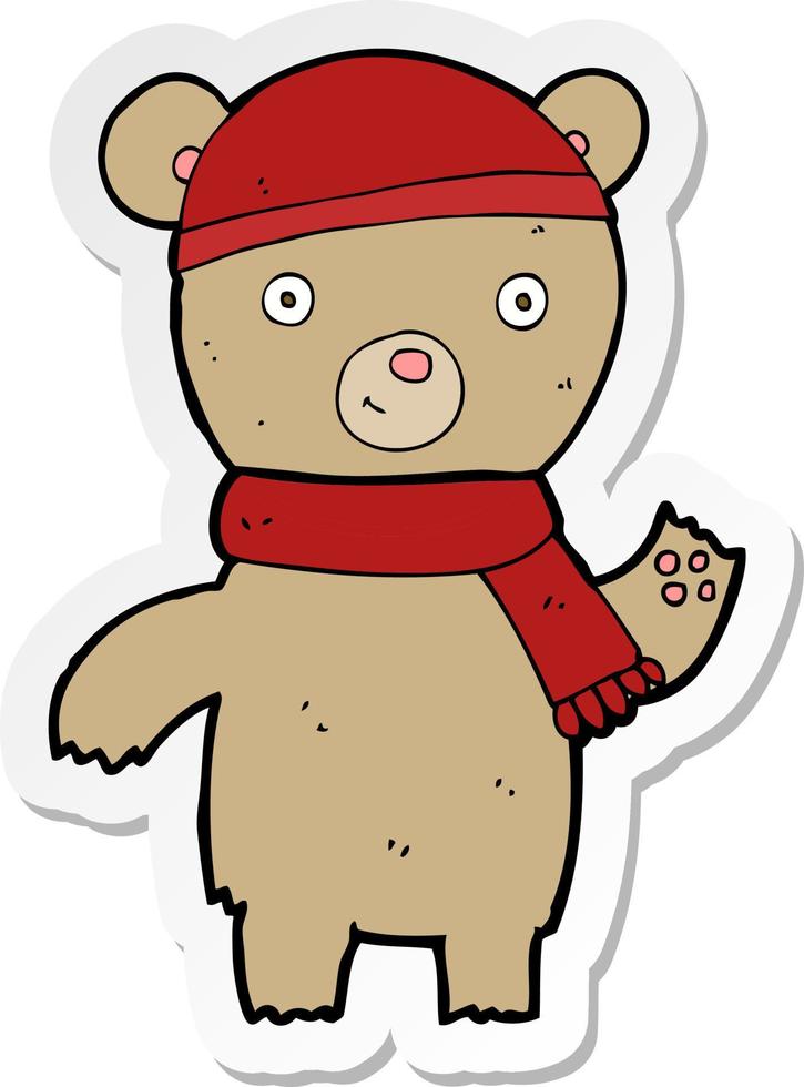 sticker van een cartoon zwaaiende teddybeer vector