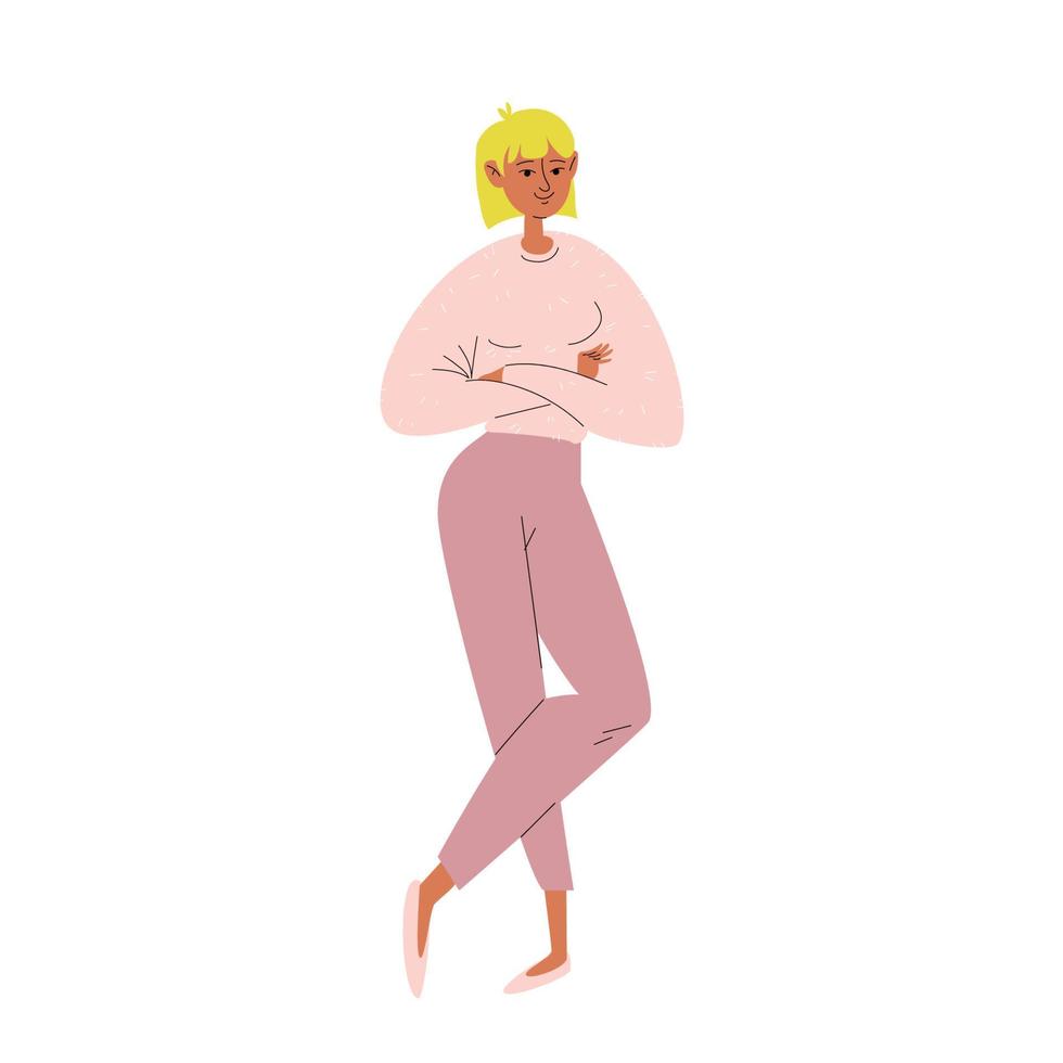 lachend meisje in een warme trui en lichte broek. een mooie jonge vrouw in vrijetijdskleding. blond meisje met gekruiste armen. vectorillustratie geïsoleerd op een witte achtergrond. vector