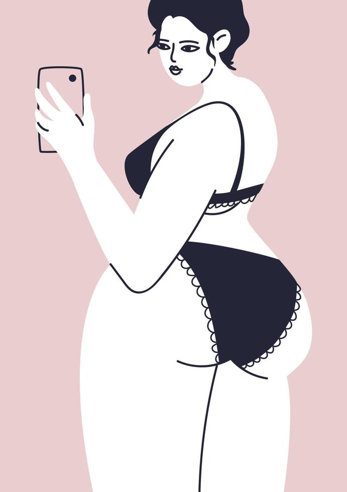 poster met een mollig meisje in ondergoed. een jonge vrouw maakt een selfie. het blanke vrouwelijk lichaam in zwarte lingerie. vector stock illustratie close-up op een roze achtergrond.