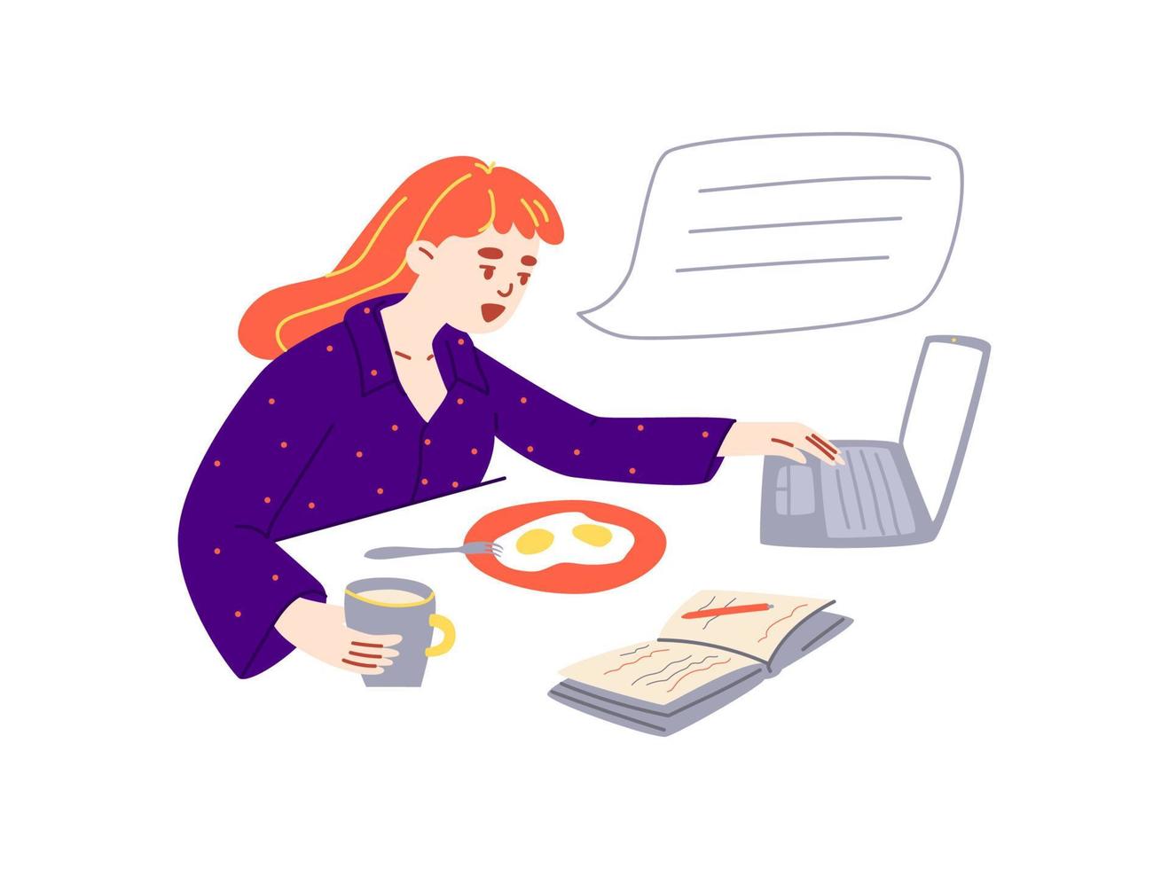 het meisje bij het ontbijt is online aan het chatten. jonge roodharige vrouw in paarse pyjama roerei eten op de laptop. werkconcept op afstand. vector voorraad illustratie geïsoleerd in cartoon stijl.