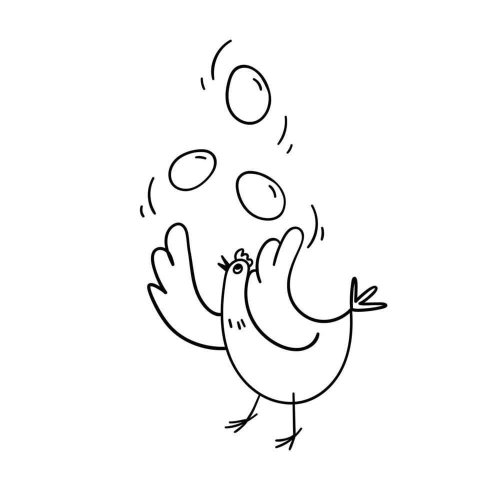 een handgetekende kip jongleert met drie eieren. zwart op wit vectorillustratie van pluimvee met eieren in de lucht. vrolijke voorraadillustratie in krabbelstijl. vector