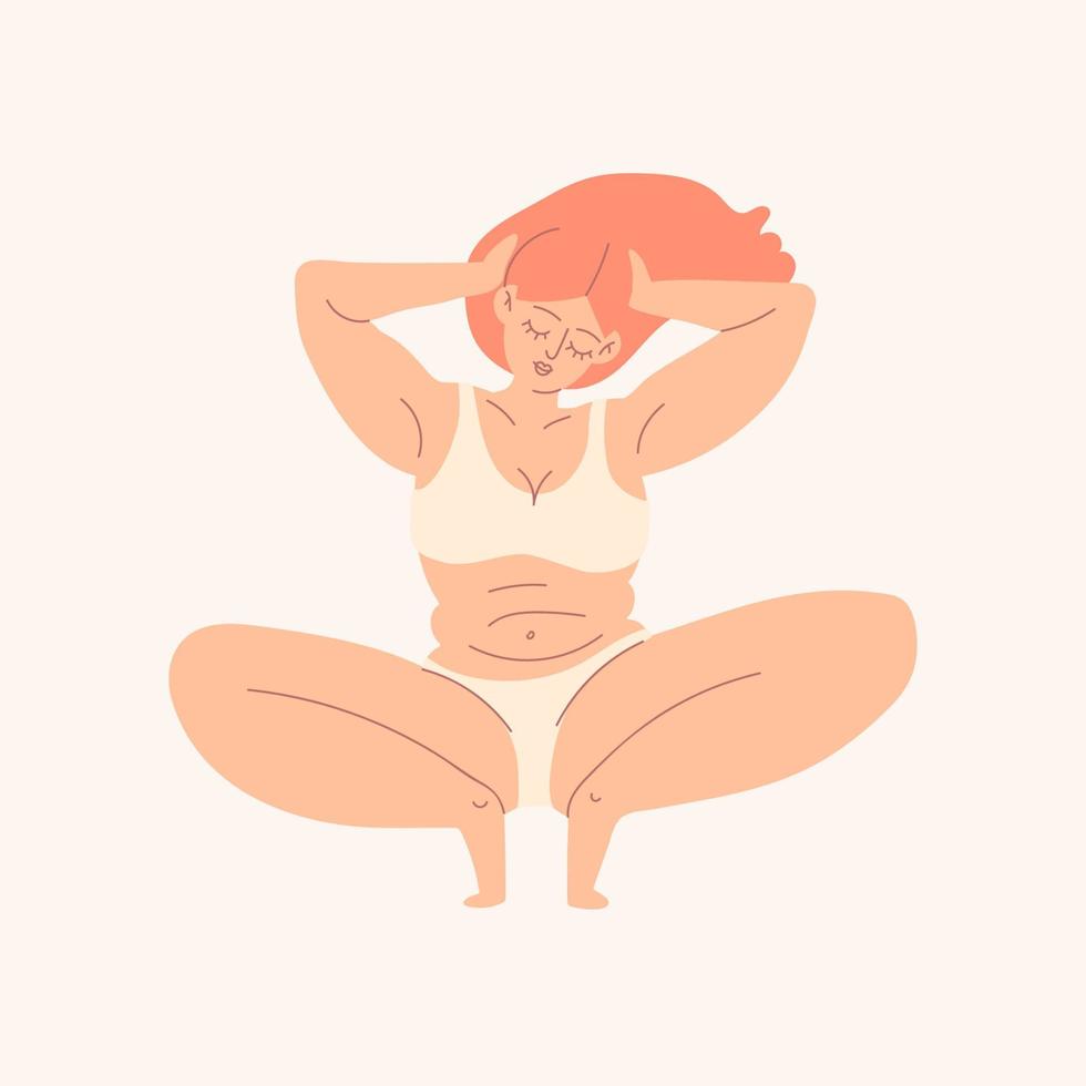 schattig roodharige meisje in witte lingerie. een jonge vrouw zit gehurkt. plus size vrouwelijk lichaam met plooien op de buik. de vrouwelijke figuur heeft geïsoleerde vectorillustraties. vector