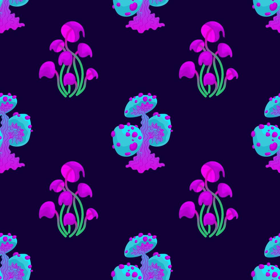 naadloos patroon met paddo's op een donkere achtergrond. fantastische weefpaddenstoelen in een dambordpatroon. vectorillustratie van onwerkelijke mystieke, buitenaardse planten. vector