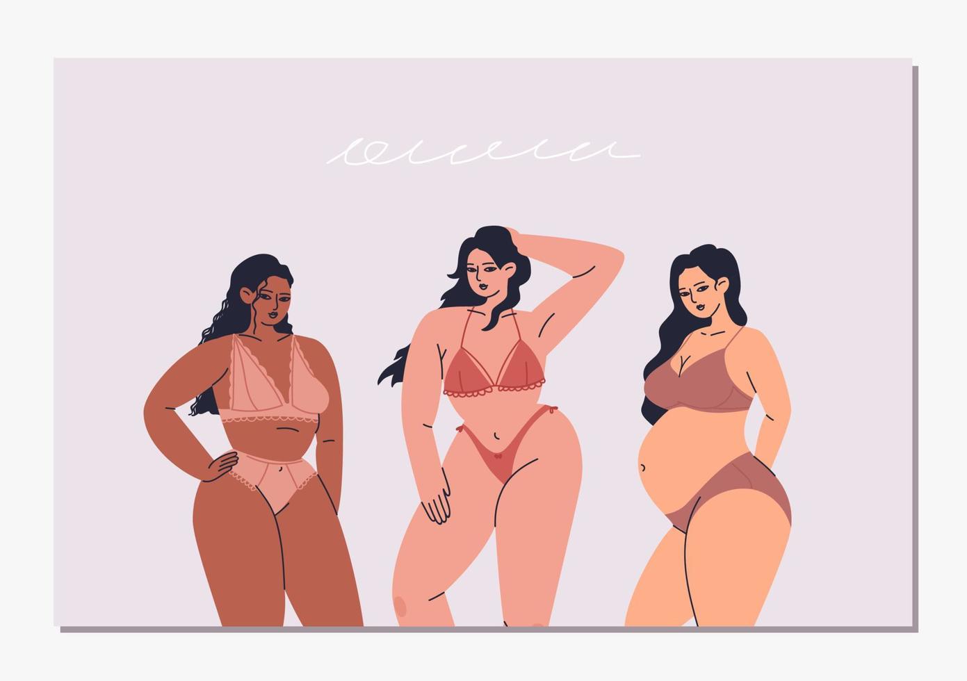 horizontale ansichtkaart met drie uiteenlopende vrouwen in lingerie. vectorillustratie van verschillende soorten vrouwen met verschillende figuren en huidskleur op een grijze achtergrond met een abstracte inscriptie. vector