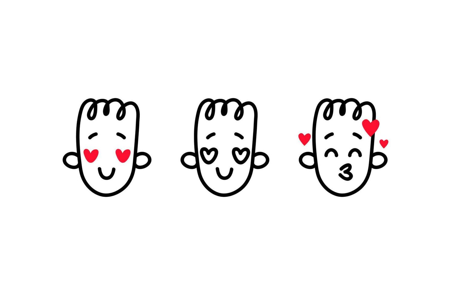 liefhebbers emoji set. schattige handgetekende doodle gezichten met hartjes in hun ogen en een verliefde kus. zwart op wit afbeelding van schattige avatars van mensen geïsoleerd op een witte achtergrond. vector