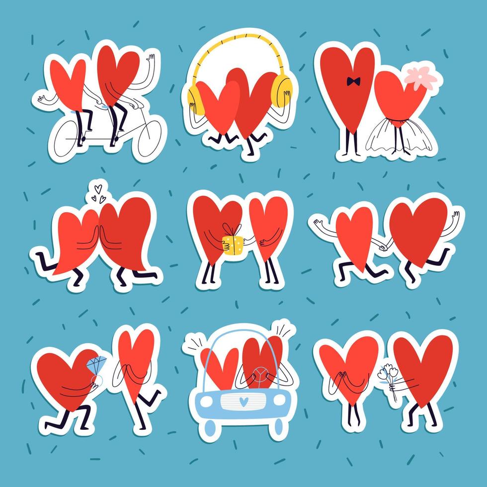 set stickers met liefdevolle harten. verzameling schattige handgetekende verliefde koppels in doodle-stijl voor valentijnsdag. vector