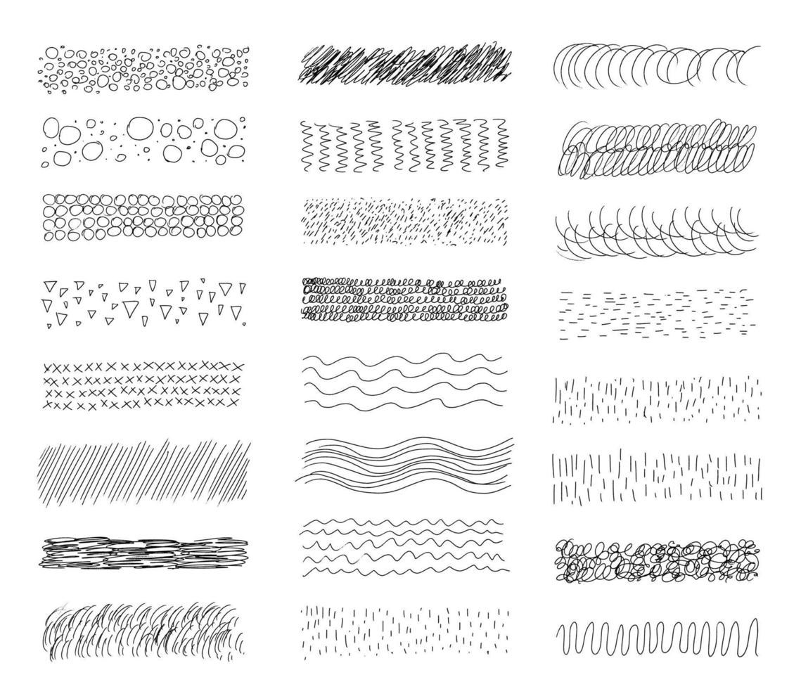 een handgetekende verzameling van een verscheidenheid aan abstracte penselen, texturen van dunne handgetekende lijnen van verschillende vormen. set doodle wervelende en rechte vormen geïsoleerd op een witte achtergrond. vector