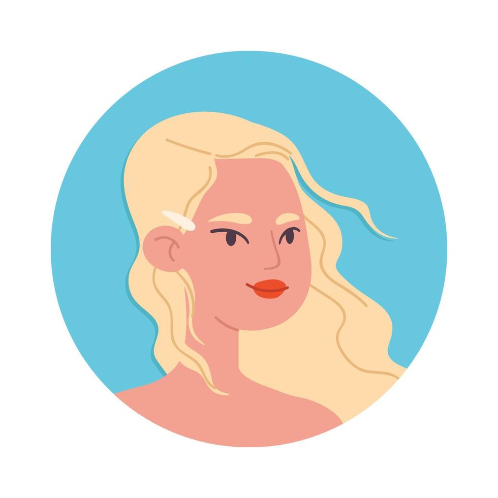 cartoon blonde op een blauwe cirkel achtergrond. een vrouwelijk personage met rode lippen en golvend haar met een haarspeldje. vectorillustratie van een jonge vrouw op de schouders op een witte achtergrond. vector