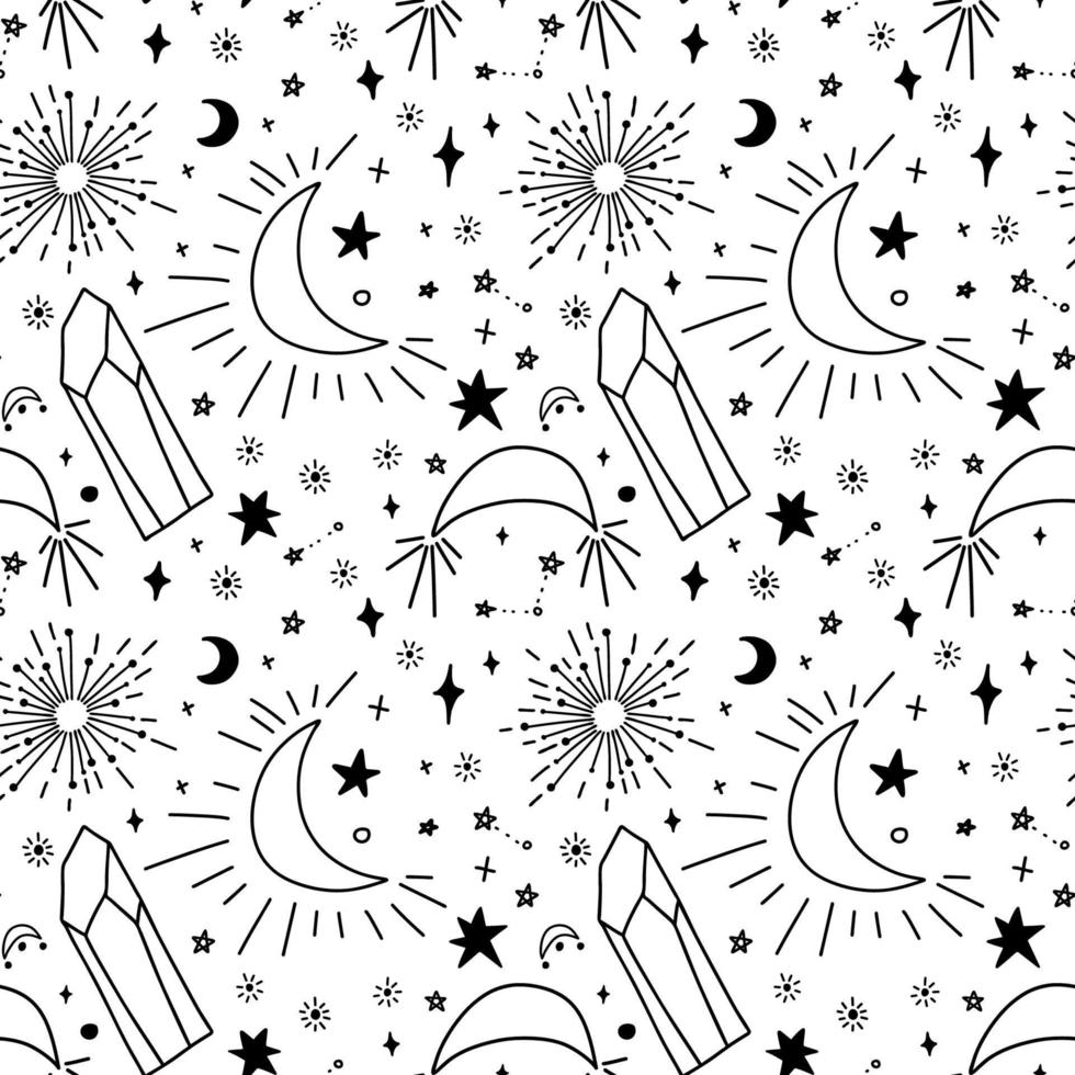 naadloos patroon met sterren, kristallen en sprankelende halve manen. delicaat zwart op wit patroon met magische hemelse elementen. vector