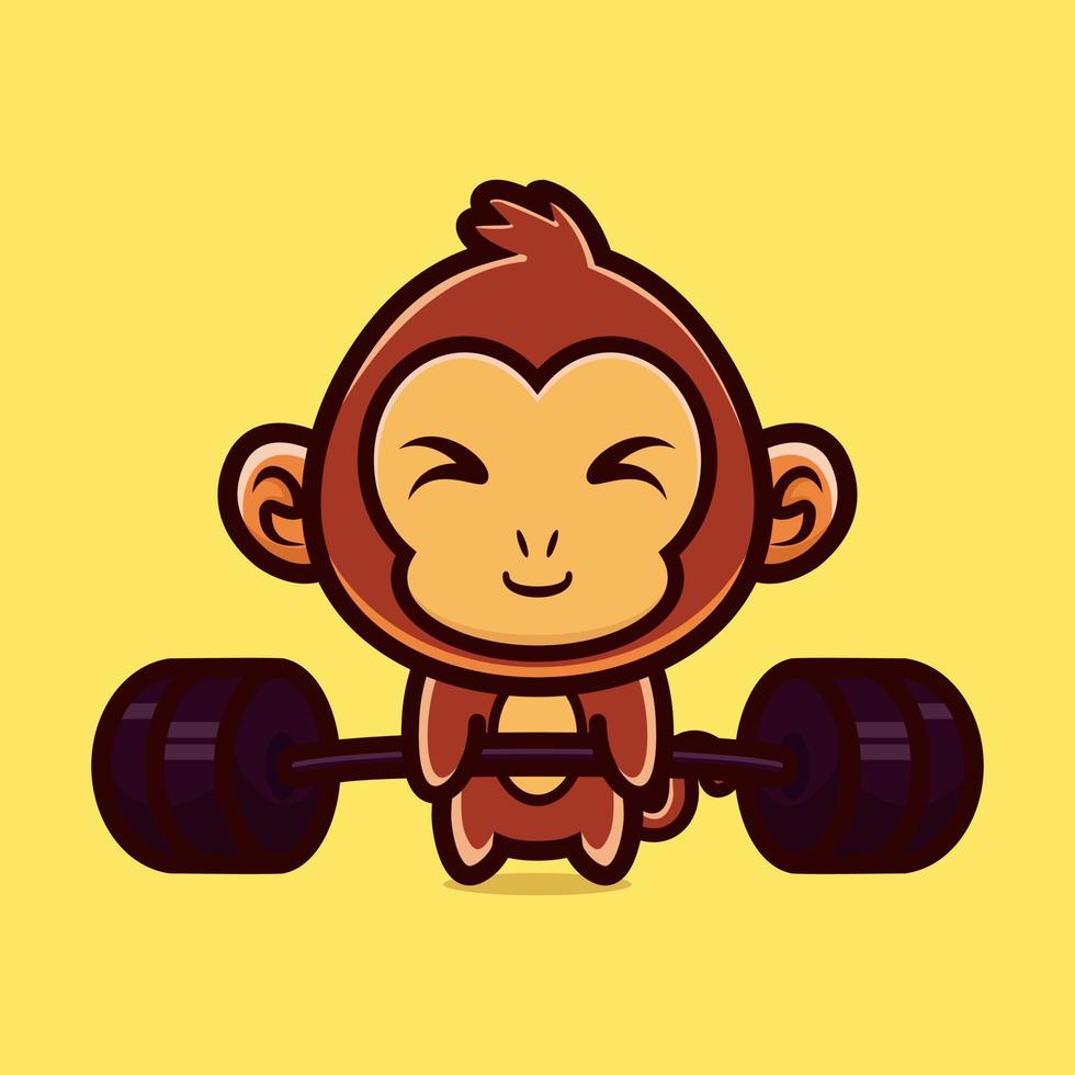 leuke illustratie van aap hijs barbell cartoon karakter ontwerp premium vector