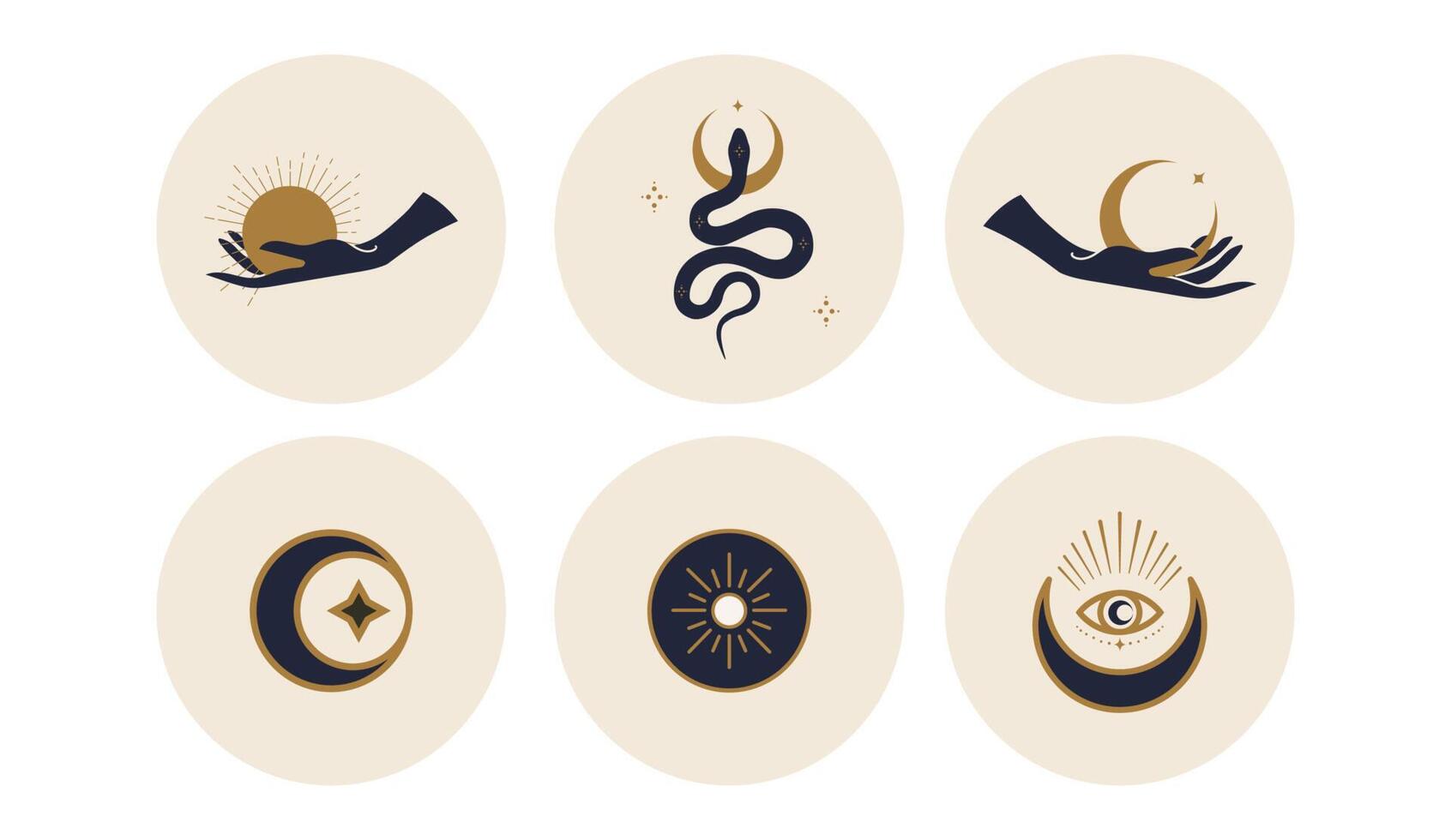 heilige iconen die de maan, de zon en slangen in cirkels afschilderen. vectorillustratie. set pictogrammen en emblemen voor nieuwsomslagen op sociale media. ontwerpsjablonen voor een yogastudio en een astroloogblogger vector