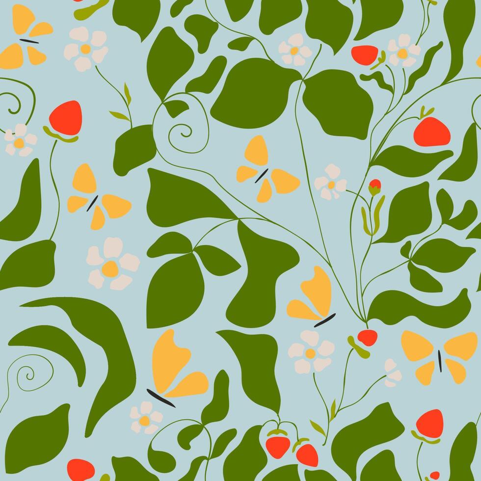 fruit naadloos patroon. aardbei, vlinders en bloesem. romantische vintage achtergrond voor textiel, stof, decoratief papier. vector