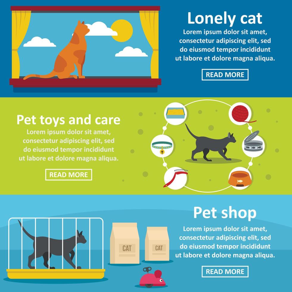 Cat Care Tools banner horizontale set, vlakke stijl vector