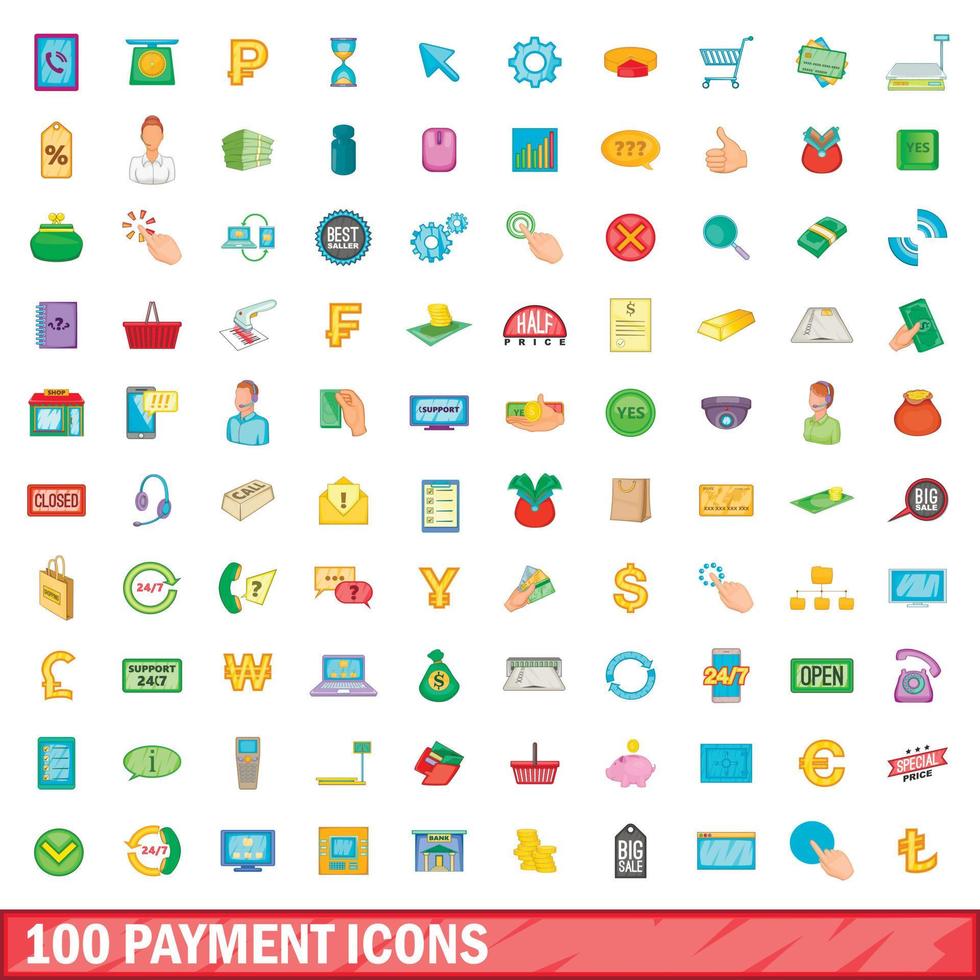 100 iconen set, cartoon stijl vector