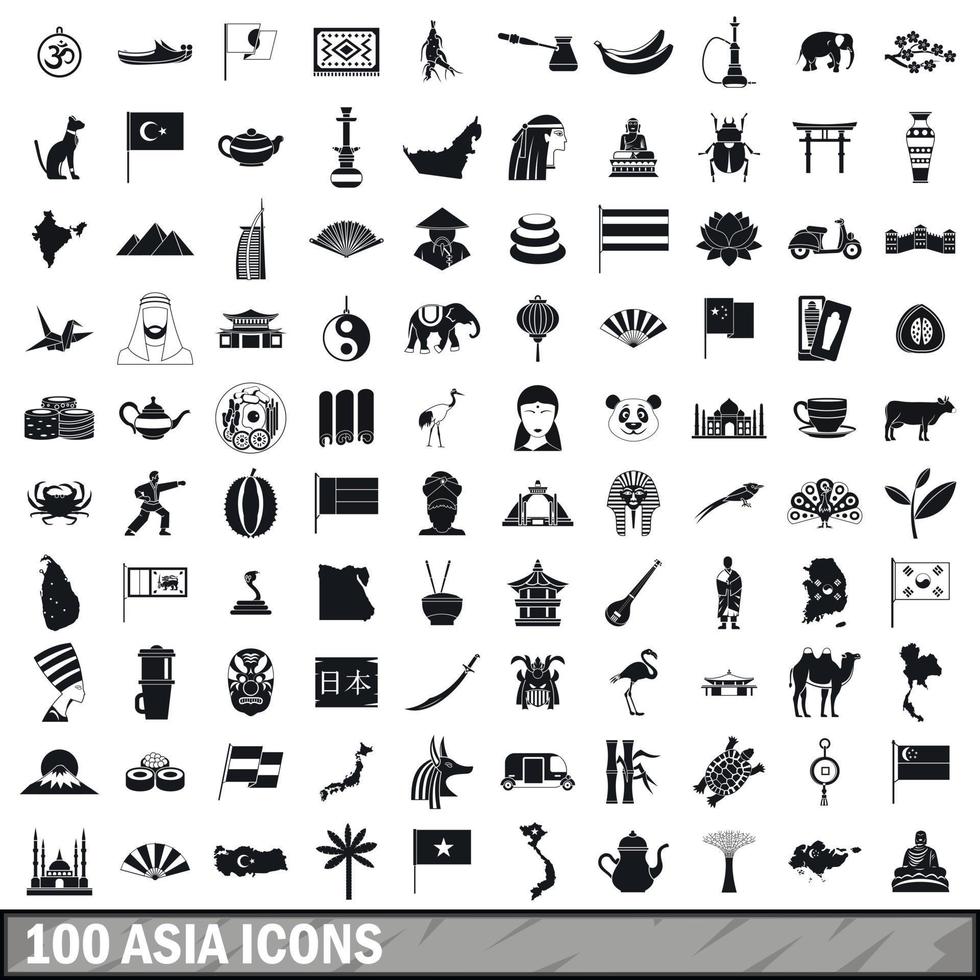 100 Azië iconen set, eenvoudige stijl vector