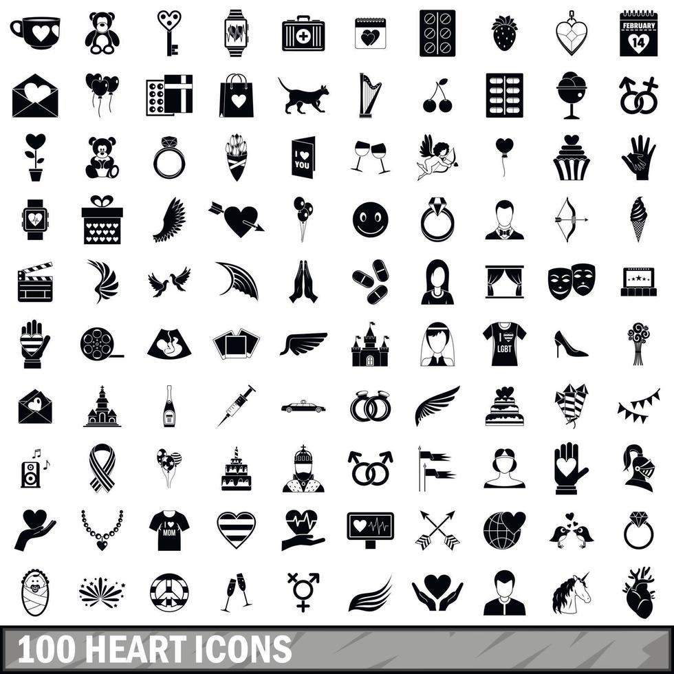 100 hart iconen set, eenvoudige stijl vector