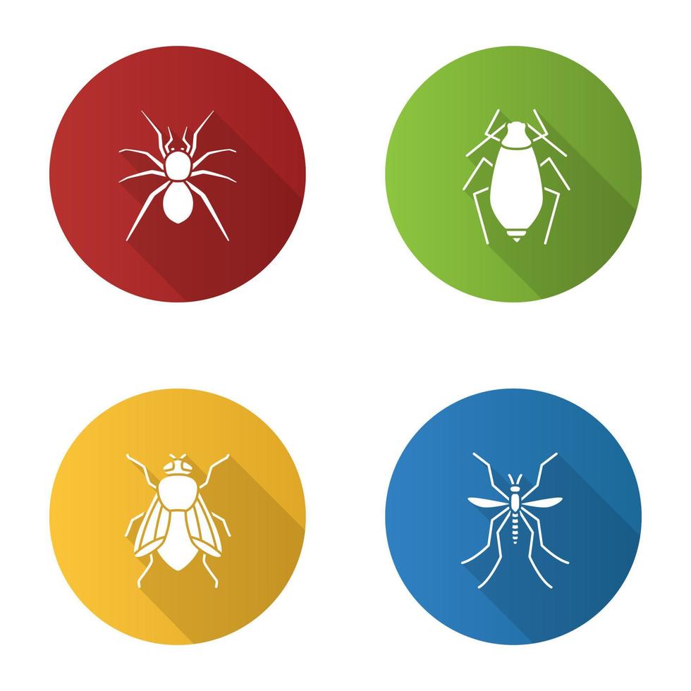 insecten platte ontwerp lange schaduw glyph pictogrammen instellen. spin, bladluis, huisvlieg, mug. vector silhouet illustratie