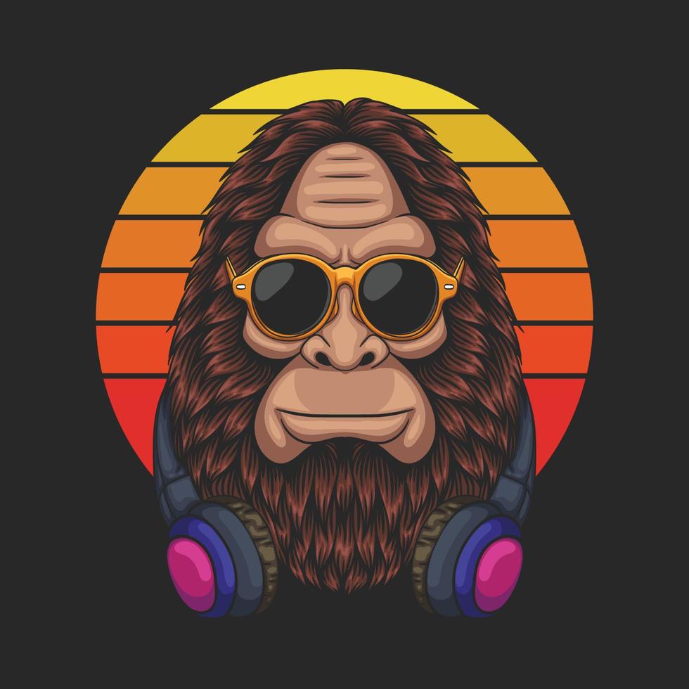 bigfoot cool met een bril en koptelefoon vectorillustratie vector