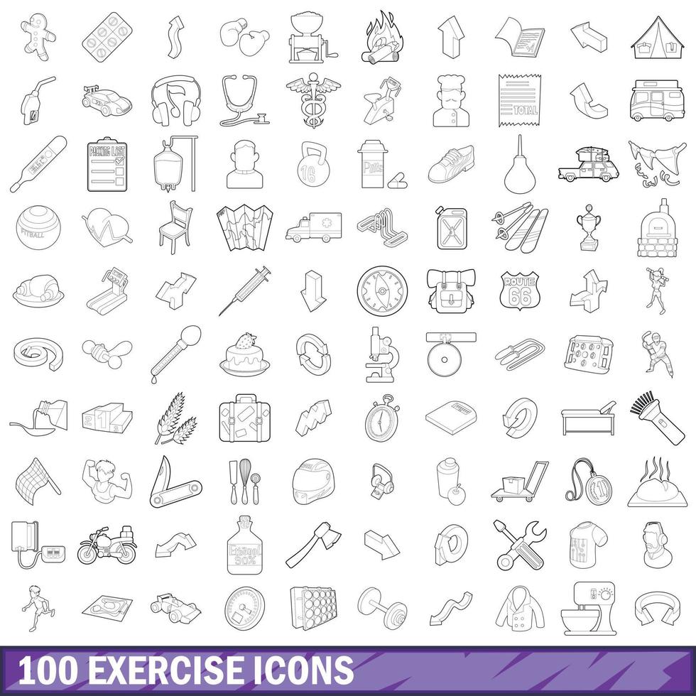 100 oefening iconen set, Kaderstijl vector