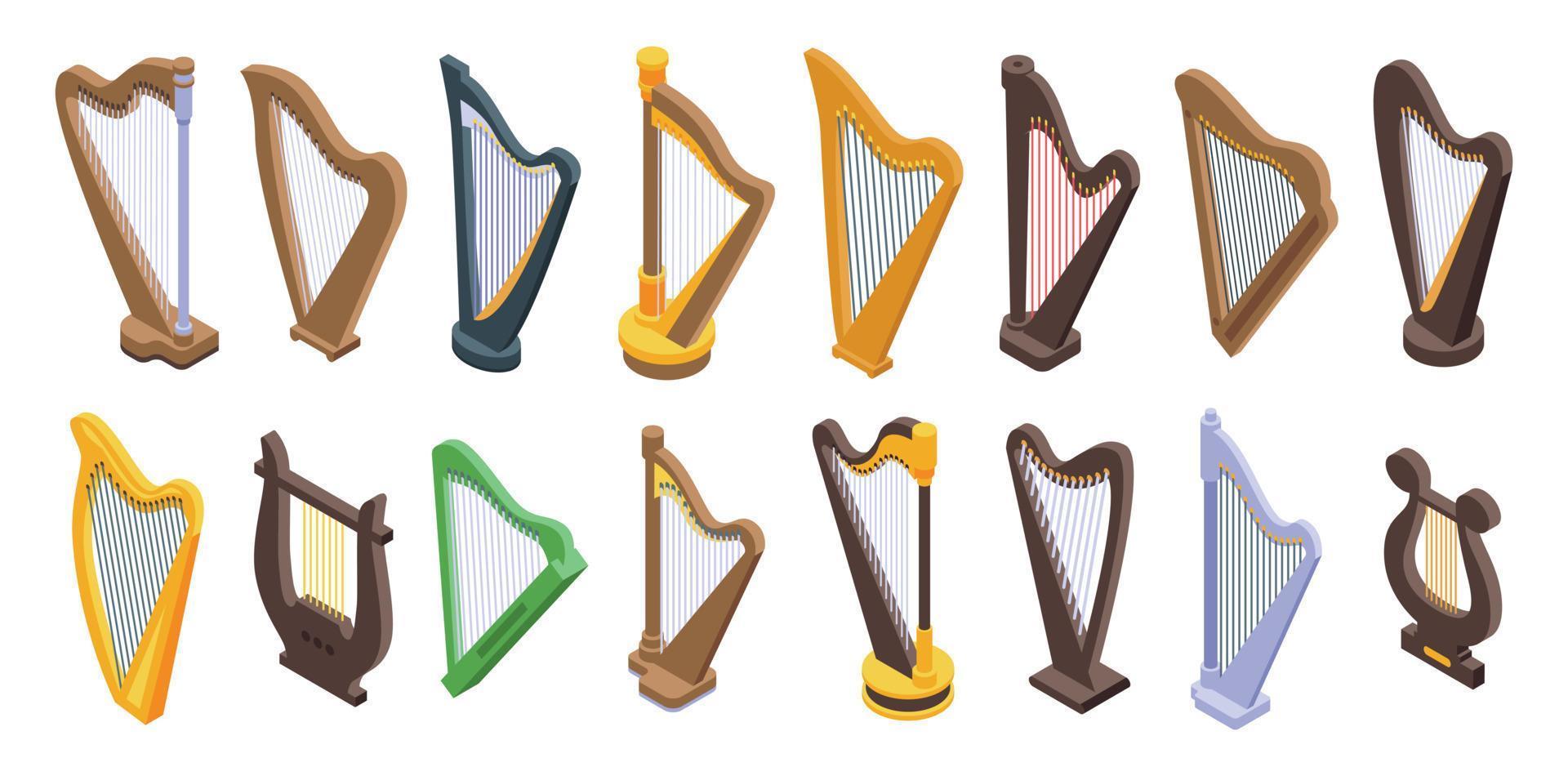 harp iconen set, isometrische stijl vector