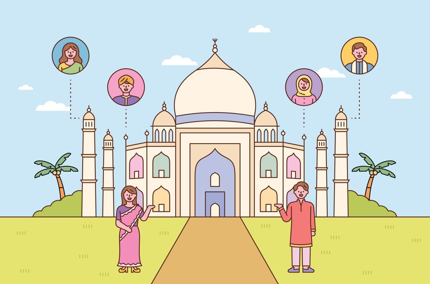 een man en een vrouw, gekleed in traditionele Indiase kostuums, introduceren de taj mahal. vector