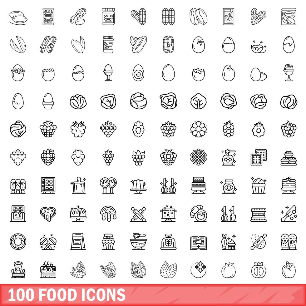 100 voedsel iconen set, Kaderstijl vector