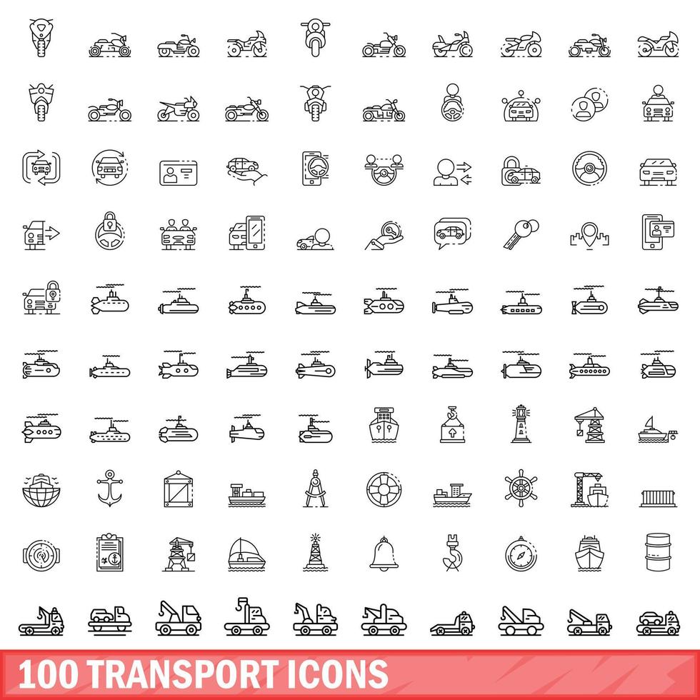 100 transport iconen set, Kaderstijl vector