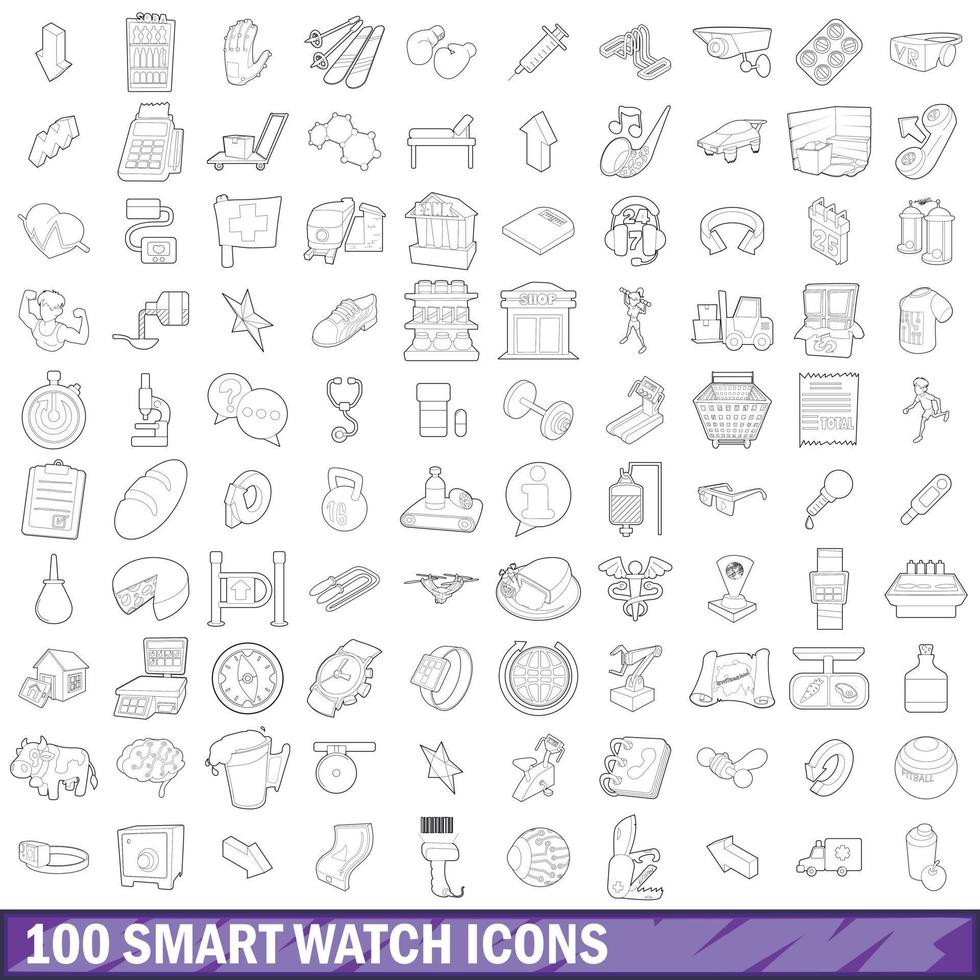 100 slimme horloge iconen set, Kaderstijl vector