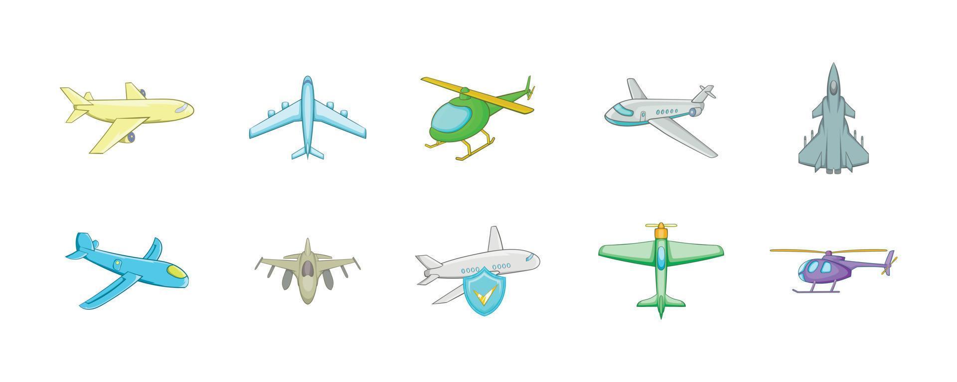 vliegtuig pictogrammenset, cartoon stijl vector