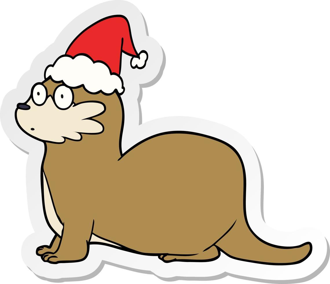 sticker cartoon van een otter met een kerstmuts vector