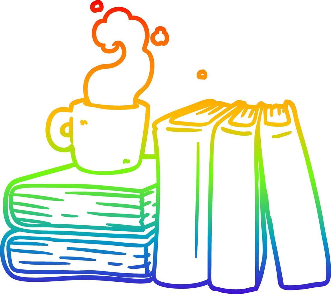 regenbooggradiënt lijntekening cartoon koffiekopje en studieboeken vector