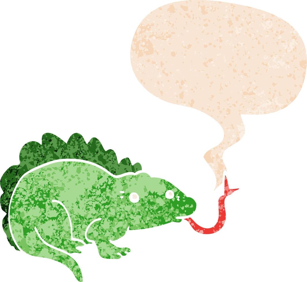 cartoon hagedis en tekstballon in retro getextureerde stijl vector
