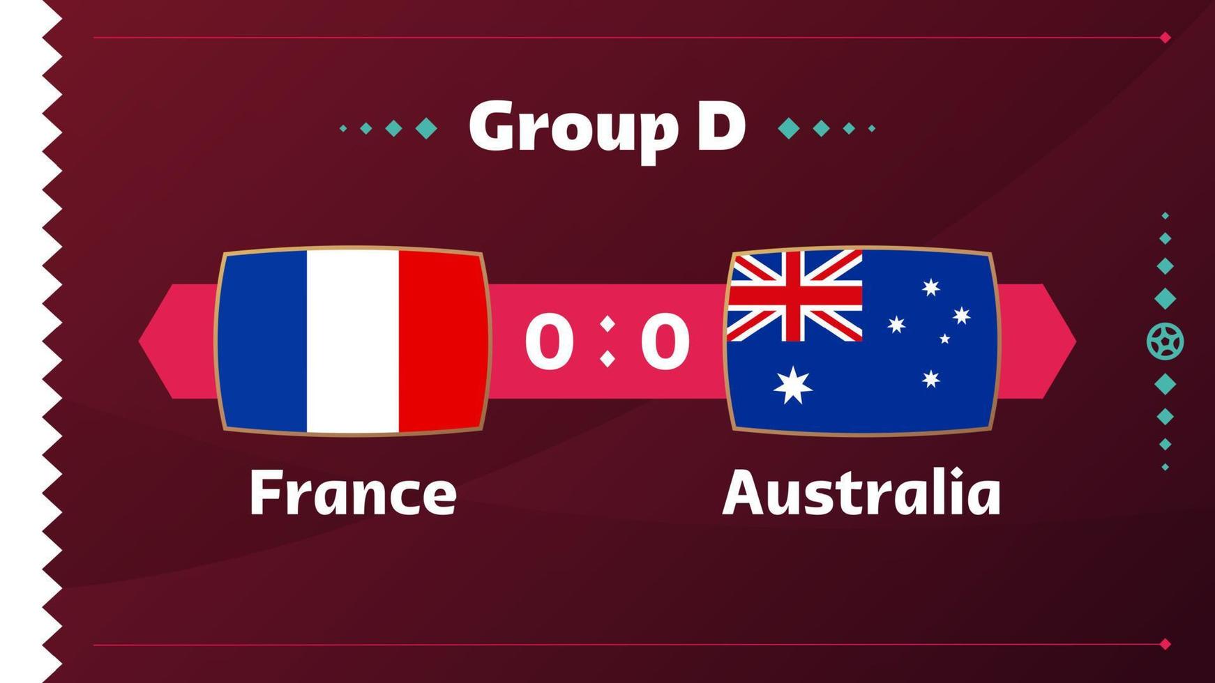 Frankrijk vs Australië wedstrijd. voetbal 2022 wereldkampioenschap wedstrijd versus teams op voetbalveld. intro sport achtergrond, kampioenschap competitie finale poster, vlakke stijl vectorillustratie vector