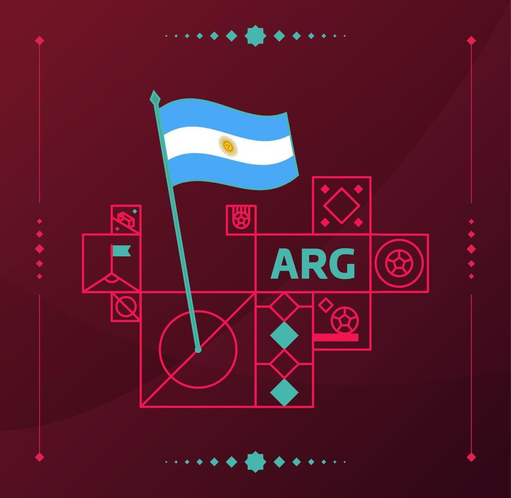 Argentinië wereldvoetbaltoernooi 2022 vector golvende vlag vastgemaakt aan een voetbalveld met ontwerpelementen. wereldvoetbal 2022 toernooi laatste fase. niet-officiële kampioenschapskleuren en -stijl.