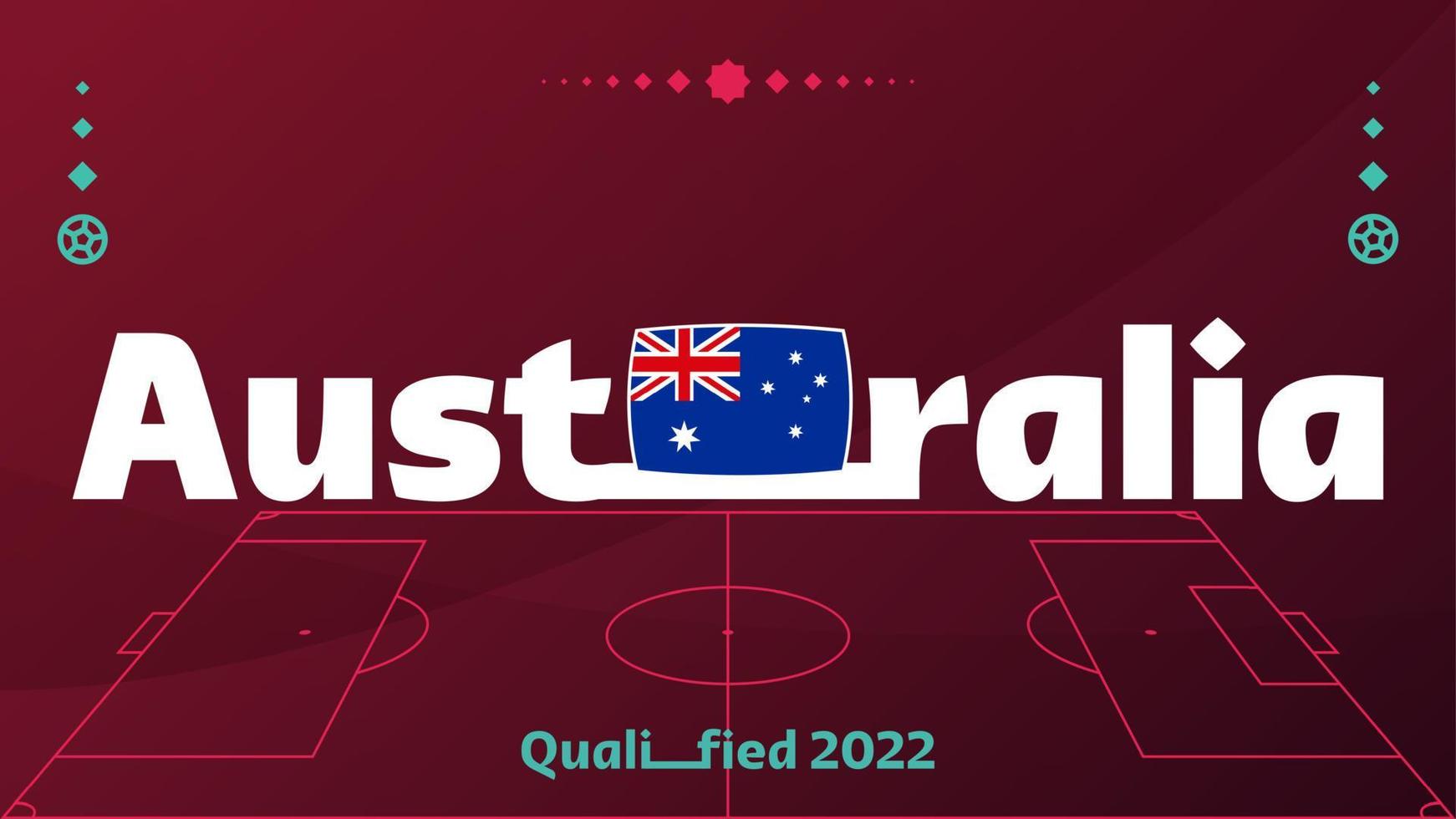 vlag en tekst van australië op 2022 wereld voetbaltoernooi achtergrond. vector illustratie voetbal patroon voor banner, kaart, website. nationale vlag