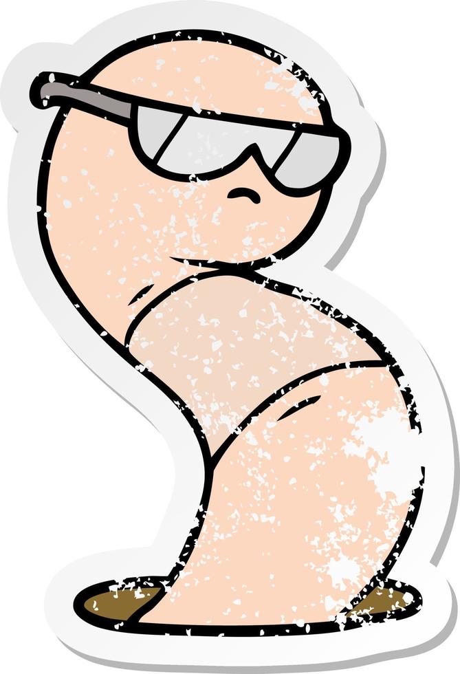 verontruste sticker van een cartoon coole worm vector