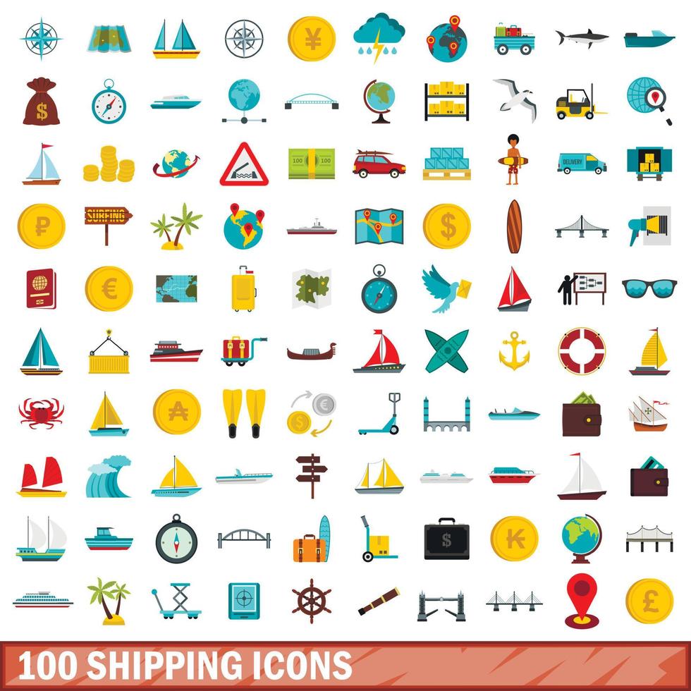 100 verzending iconen set, vlakke stijl vector