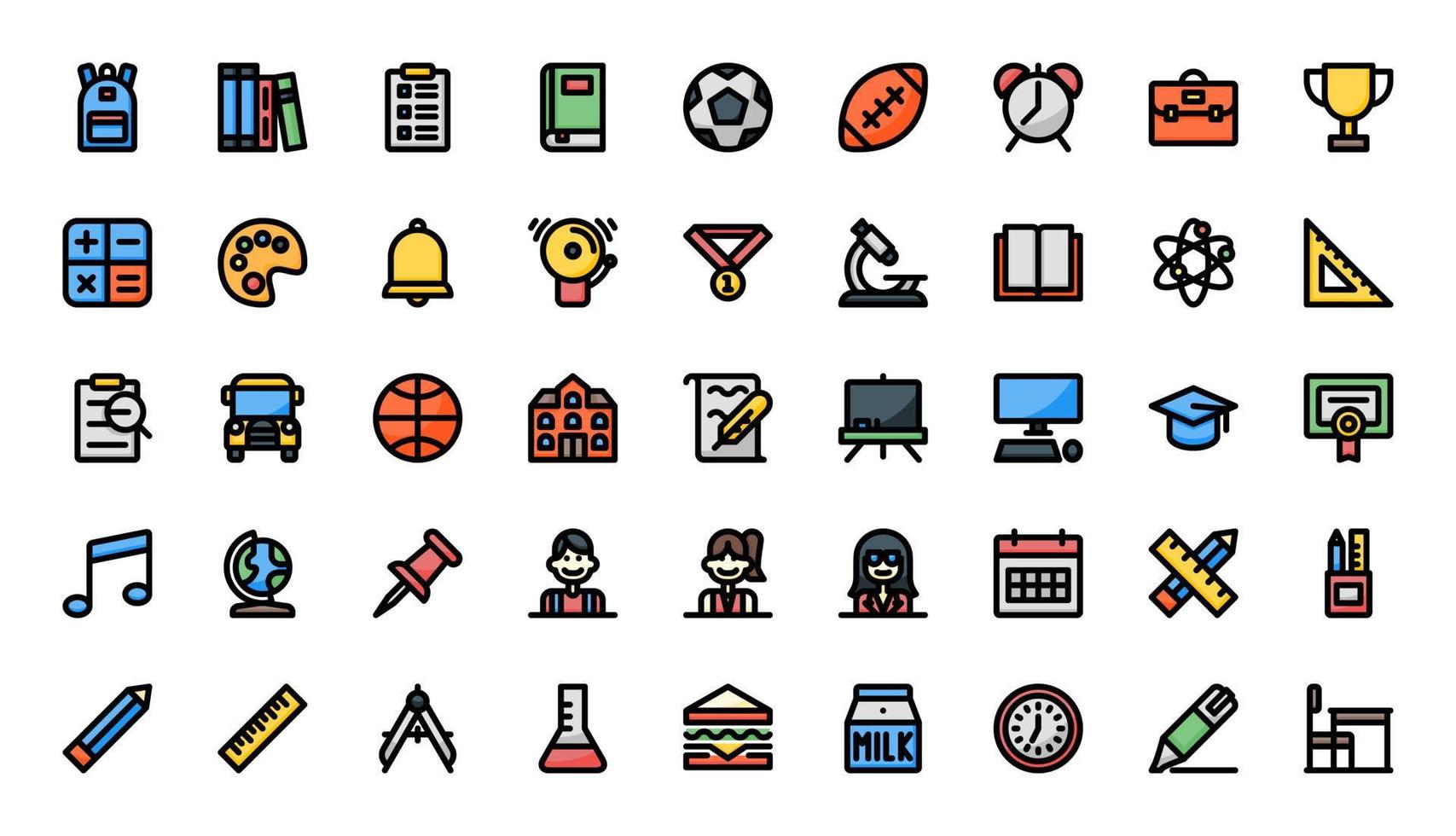 terug naar school gevuld kleur basisoverzicht iconen pack vector