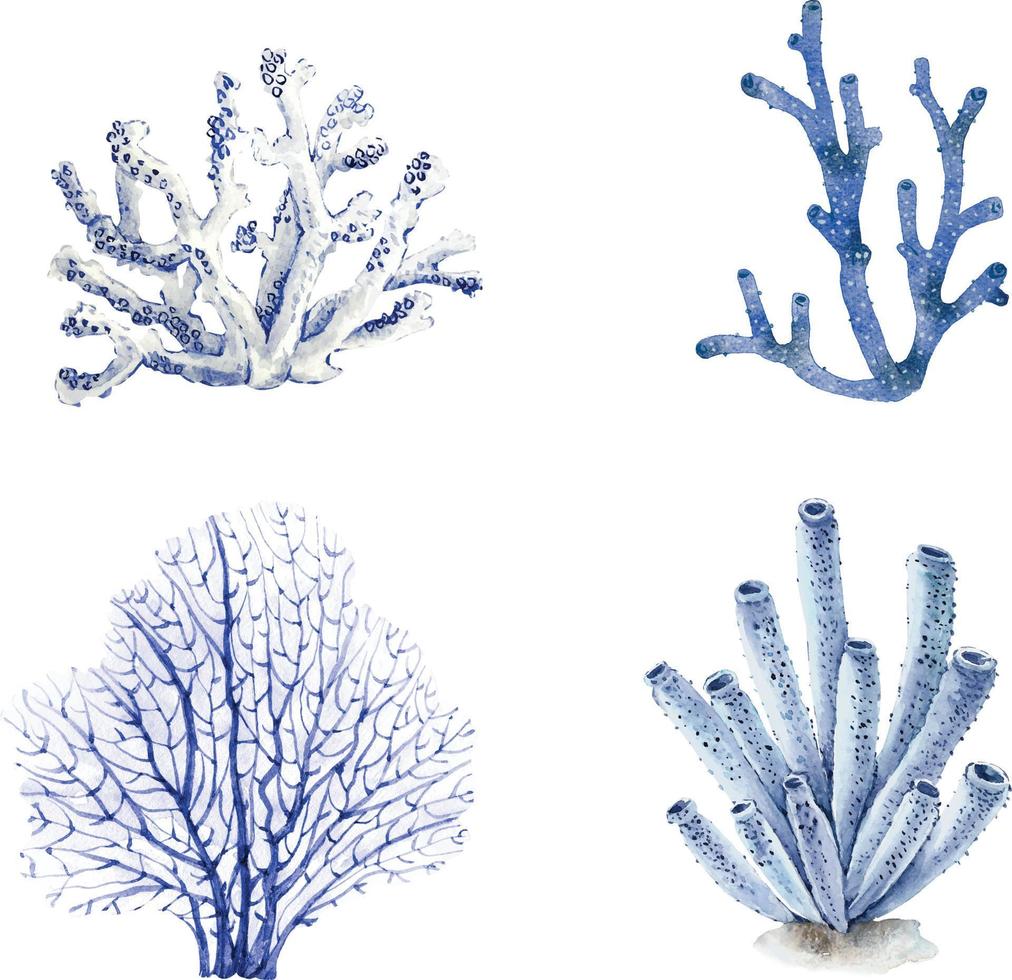 set van blauwe koralen op een witte achtergrond, aquarel illustratie. vector