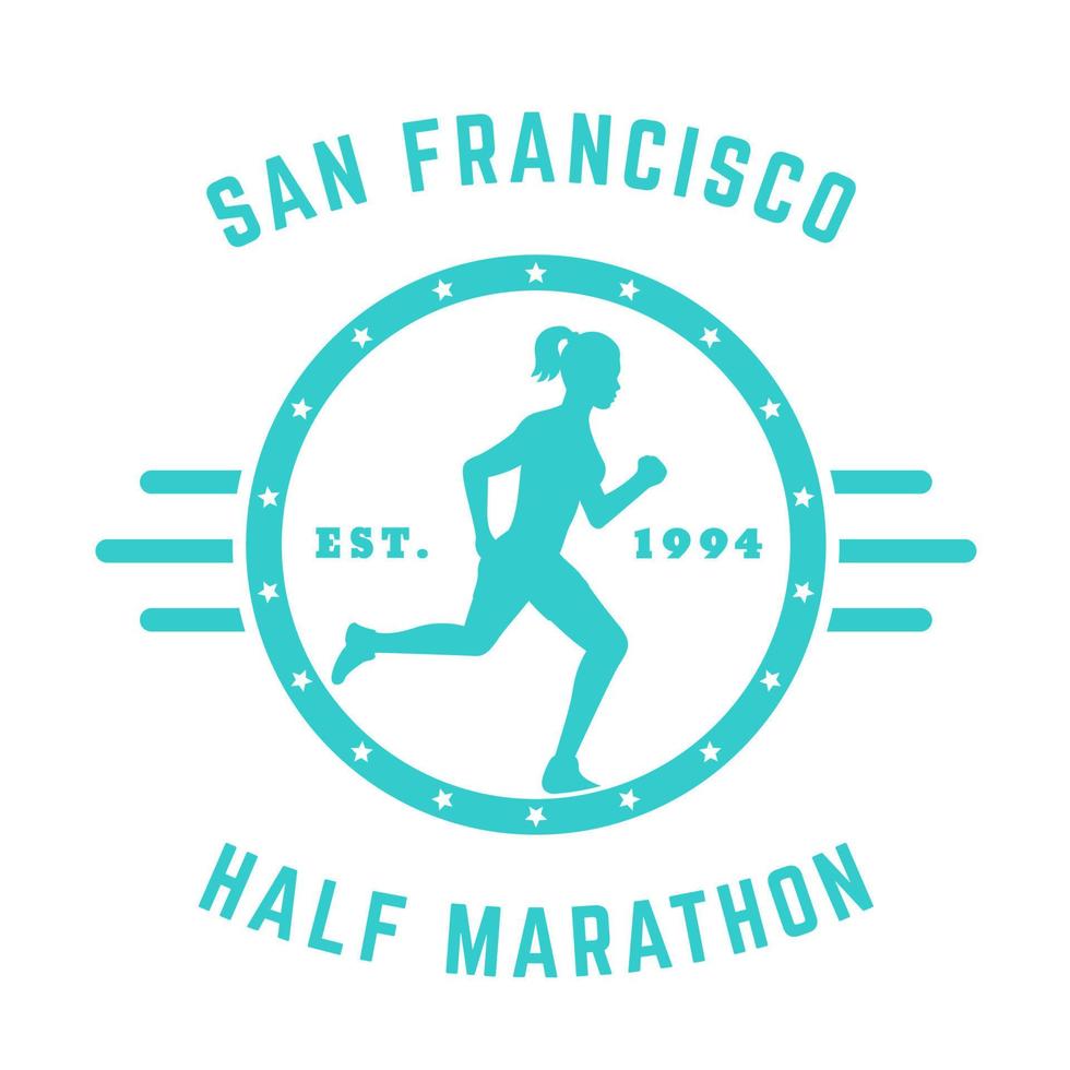 halve marathon vintage logo, badge, t-shirt design met lopend meisje geïsoleerd op wit, vectorillustratie vector