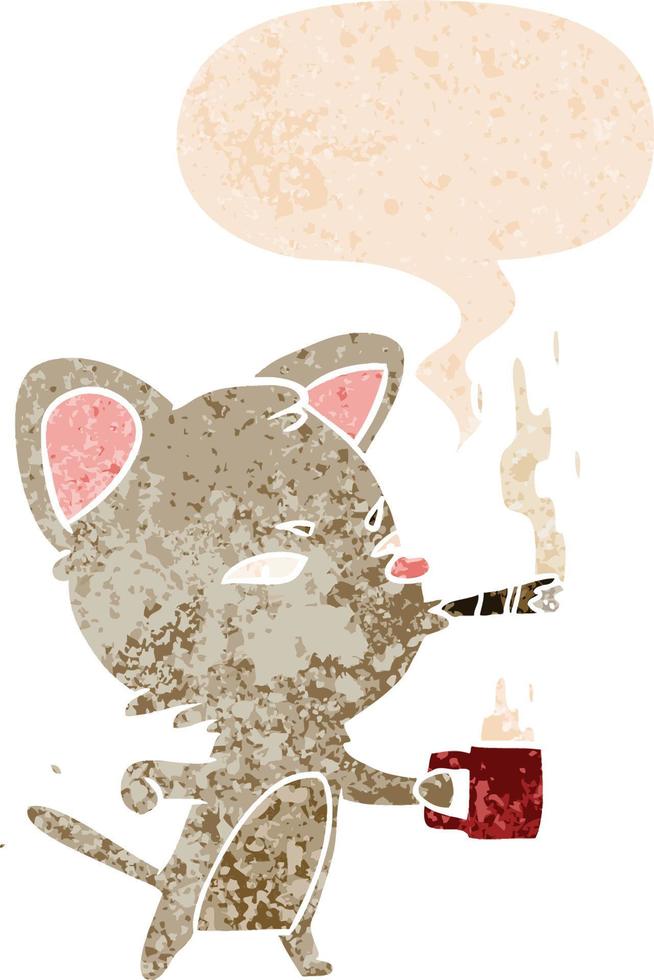cartoon kat met koffie en sigaar en tekstballon in retro getextureerde stijl vector